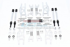 GPM TXMS100 ALUMINUM F&R UPPER+LOWER ARMS F&R ADJUSTABLE CVD DRIVE SHAFT HEX ADAPTER WHEEL LOCK+STAINLESS STEEL ADJUSTABLE FRONT STEERING TIE ROD 1/10 TRAXXAS MAXX - SILVER - TXMS100-S