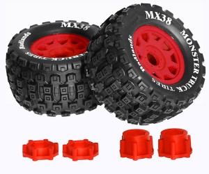 Rubber Tire And Rim Set 2pcs MX38 3.8 Inch Badlands 17mm Hex Adaptor For 1/7 1/8 TRAXXAS E-REVO ARRMA KRATON - RED - MX38/RE