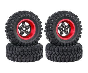 1.2 INCH RUBBER TIRE & BEADLOCK RIM SET 7mm HEX - RED COLOR FOR 1/18 TRX4-M AXIAL SCX24 FMS18 CRAWLER - TYPE B - 5 SPOKE - TY-62240101B-RE