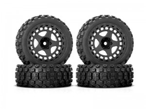 RUBBER TIRE & RIM SET 69mm x 25mm ARA550114 FOR 1/18 ARRMA TYPHON GROM 223S 380 BUGGY ARA2306 ARA2306S ARA2106 - BLACK - RS-ARA550114/BK