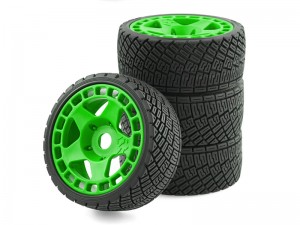 RALLY RUBBER TIRE AND RIM SET 100 X 40mm 17mm HEX FOR 1/7 1/8 ARRMA INFRACTION 6S BLX TRUCK - GREEN - RS-TY1004017/GR