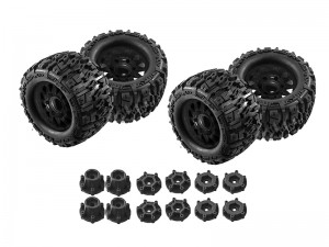 MONSTER TRUCK RUBBER TIRE & RIM SET MX28 125 x 70mm WITH 12 / 14mm Hex For 1/10 TRAXXAS MAXX ARRMA GRANITE KRATON Truck - BLACK - MX28C/BK