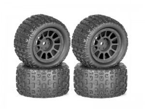 RUBBER TIRE AND RIM SET 74 X 40mm 12mm HEX FOR ARRMA 1/18 TYPHON GRANITE GROM RC TRUCK - BLACK - RS-TY744012/BK