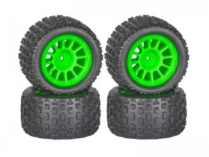 RUBBER TIRE AND RIM SET 74 X 40mm 12mm HEX FOR ARRMA 1/18 TYPHON GRANITE GROM RC TRUCK - GREEN - RS-TY744012/GR