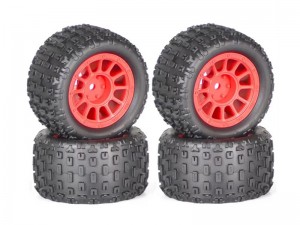 RUBBER TIRE AND RIM SET 74 X 40mm 12mm HEX FOR ARRMA 1/18 TYPHON GRANITE GROM RC TRUCK - RED - RS-TY744012/RE