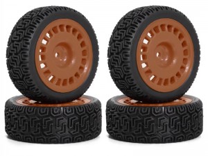 RALLY RUBBER TIRE AND RIM SET 68 X 26mm 12mm HEX FOR TAMIYA 1/10 TT-01 TT-02 XV-02 RALLY RC TRUCK - BROWN - RS-TY6826/BR