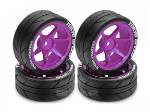 RUBBER TIRE & ALUMINUM RIM SET 65 X 26mm 12mm HEX FOR 1/10 TAMIYA TT01 TT02 XV01 XV02 - RS-WH6526/PU