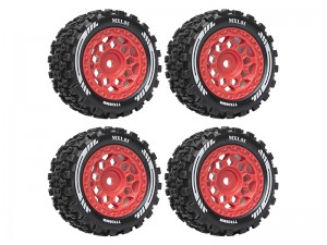 RUBBER TIRE & RIM SET 77 X 39mm 12mm HEX TYPE-B FOR ARRMA 1/18 GRANITE GROM 1/14 TYPHON GROM TRUCK - RED - RS-TY10052B-RE