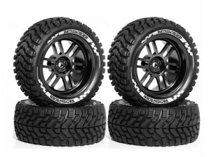RUBBER TIRE AND ALLOY RIM SET 75 X 30mm 12mm HEX FOR TAMIYA TT-02 XV-02 RALLY TRUCK - RS-TY4530/BK