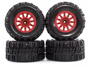 RUBBER TIRE & RIM SET 110 X 56mm 12mm HEX FOR TRAXXAS MINI MAXX MINI XRT HPI SAVAGE XS FLUX RC MONSTER - RED - RS-TY10056-RE