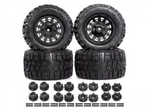 RUBBER TIRE & RIM SET 115 X 43mm 12mm 14mm HEX ARA550098 FOR ARRMA 1/8 TYPHON V5 TRL TRAXXAS JATO KYOSHO MP9 MP10 BUGGY - RS-ARA550098/BK