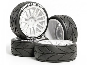 RUBBER TIRE & RIM SET 65 X 27mm 12mm HEX FOR 1/10 TAMIYA TT-02 XV-02 ON-ROAD CAR - RS-WH6527/WI