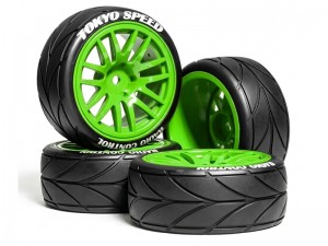 RUBBER TIRE & RIM SET 65 X 27mm 12mm HEX FOR 1/10 TAMIYA TT-02 XV-02 ON-ROAD CAR - GREEN - RS-WH6527/GR
