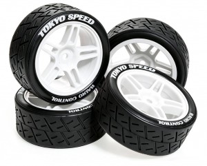 RUBBER TIRE AND RIM SET 65 X 27mm 12mm HEX FOR TAMIYA 1/10 TT-01 TT-020 XV-02 RC TOURING CAR - WHITE - RS-TY654512/WI