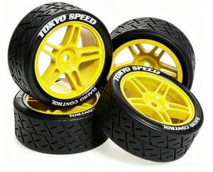 RUBBER TIRE AND RIM SET 65 X 27mm 12mm HEX FOR TAMIYA 1/10 TT-01 TT-020 XV-02 RC TOURING CAR - RS-TY654512/YE
