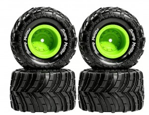 RUBBER TIRE & RIM SET 85 X 52mm 12mm HEX FOR ARRMA 1/16 GORGON QUAKE GROM ARA2130 LOSI MINI LMT - GREEN - RS-TY855212/GR