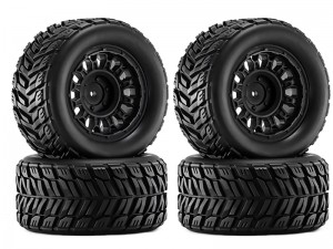 RUBBER TIRE AND RIM SET 90mm X 45mm 12mm HEX TYPE A FOR 1/14 1/16 ARRMA MINI KRATON TRAXXAS E-REVO ARA2508 - BLACK - RS-TY904512/BK