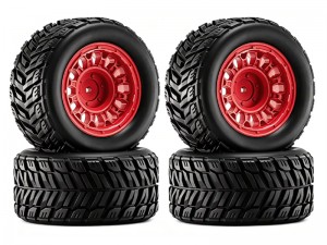 RUBBER TIRE AND RIM SET 90mm X 45mm 12mm HEX TYPE A FOR 1/14 1/16 ARRMA MINI KRATON TRAXXAS E-REVO ARA2508 - RED - RS-TY904512/RE