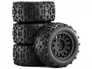 RUBBER TIRE AND RIM SET 90mm X 45mm 12mm HEX TYPE B FOR 1/14 1/16 ARRMA MINI KRATON TRAXXAS E-REVO ARA2508 - BLACK - RS-TY904512B/BK
