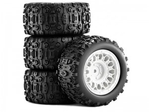RUBBER TIRE AND RIM SET 90mm X 45mm 12mm HEX TYPE B FOR 1/14 1/16 ARRMA MINI KRATON TRAXXAS E-REVO ARA2508 - WHITE - RS-TY904512B/WI