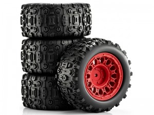 RUBBER TIRE AND RIM SET 90mm X 45mm 12mm HEX TYPE B FOR 1/14 1/16 ARRMA MINI KRATON TRAXXAS E-REVO ARA2508 - RED - RS-TY904512B/RE